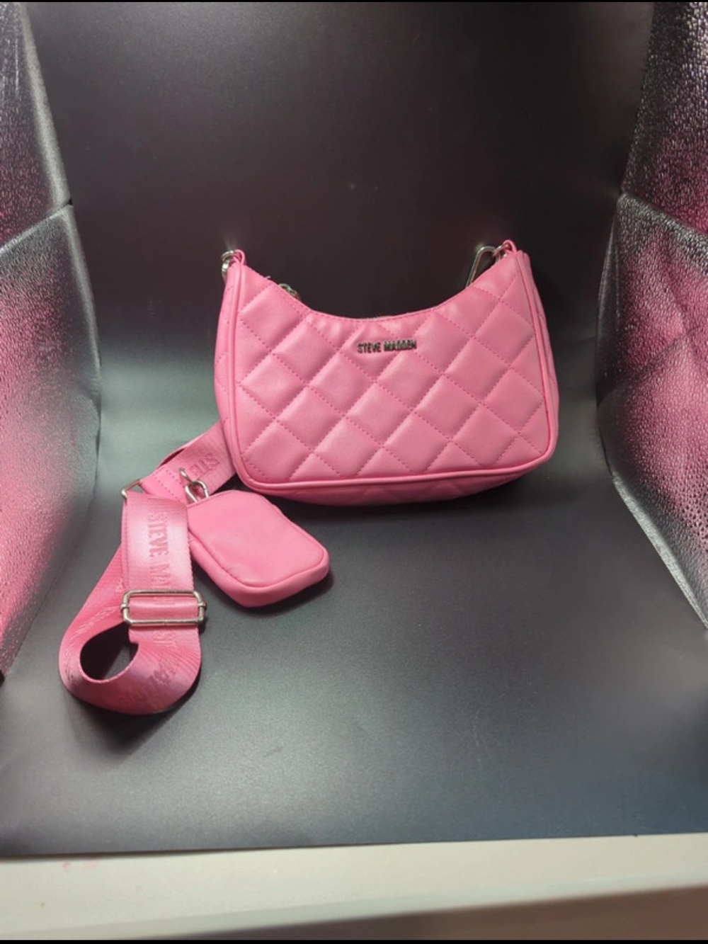 Steve Madden Pink Quilted Mini Crossbody Shoulder Bag + Pouch